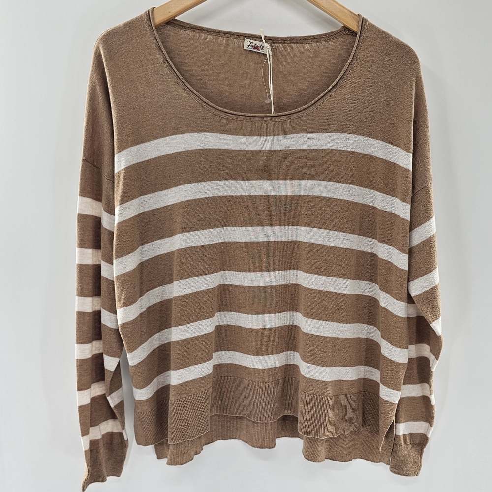Faherty Golden Hour Long Sleeve Linen Blend Sweater Camel w/ White Strip Large